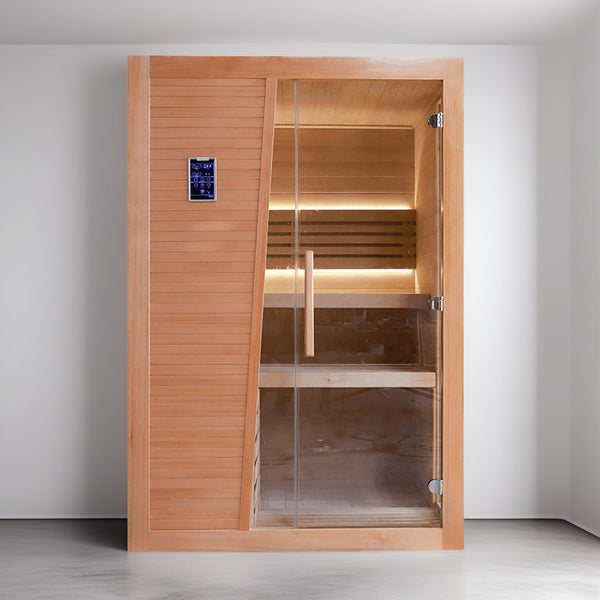 Prefabricated custom hemlock dry steam room, traditional sauna room in mobile phone control room, with intelligent control panel
