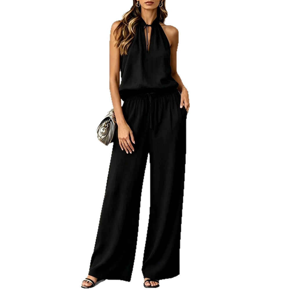 cross-border fashion  spring/summer women's solid color casual cotton linen top and wide-leg pants set