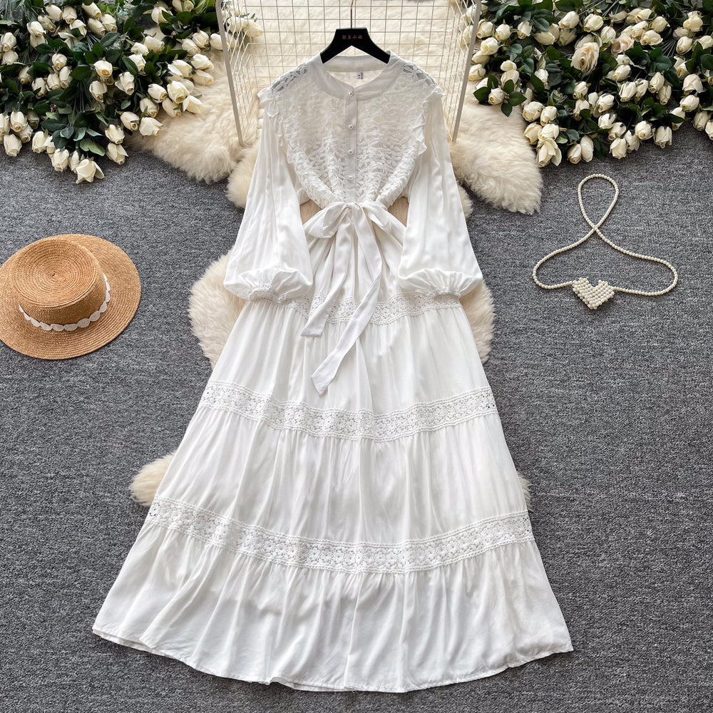French retro court style lace hollow-out maxi dress - stand collar, summer korean style, long sleeve, cinched waist a-line dress for women
