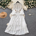 French retro court style lace hollow-out maxi dress - stand collar, summer korean style, long sleeve, cinched waist a-line dress for women