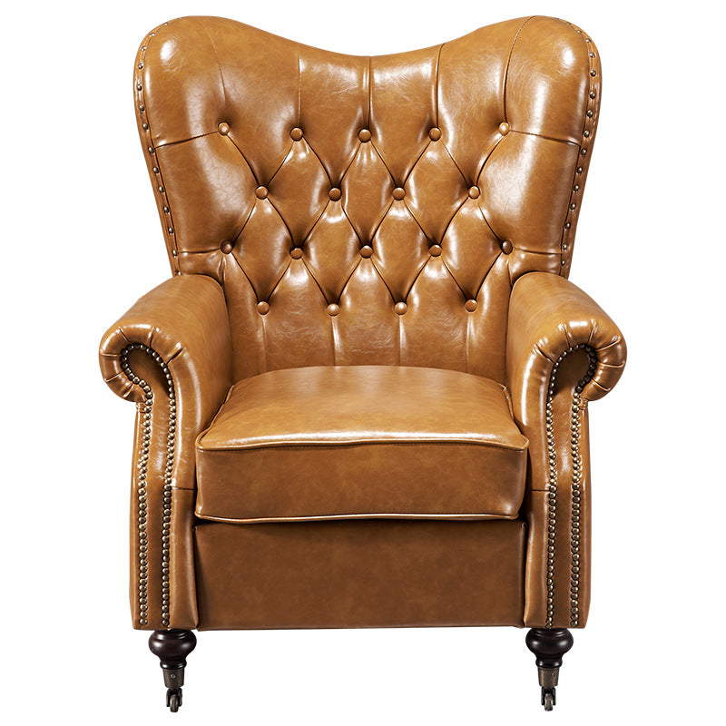 Vintage distressed american oil wax leather brown single armchair sofa high back button tufted hotel reception living room tiger chair