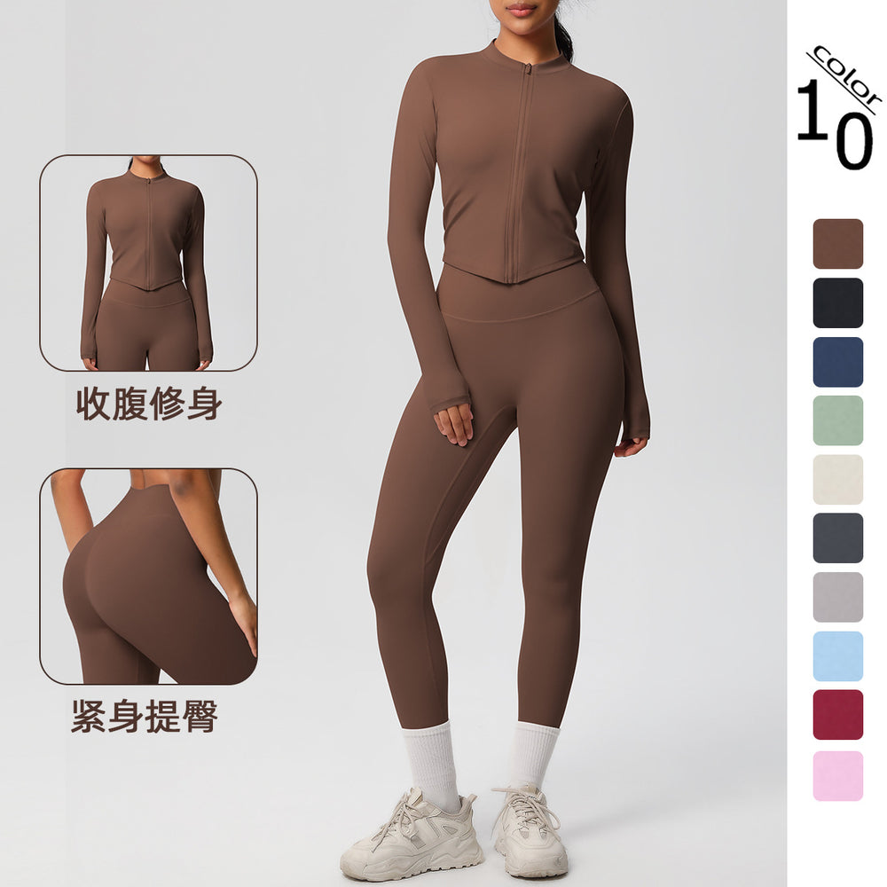 Ready-to-ship cross-border double-sided brushed, form-fitting, breathable solid color training yoga set, eight-piece athletic running fitness outfit for women