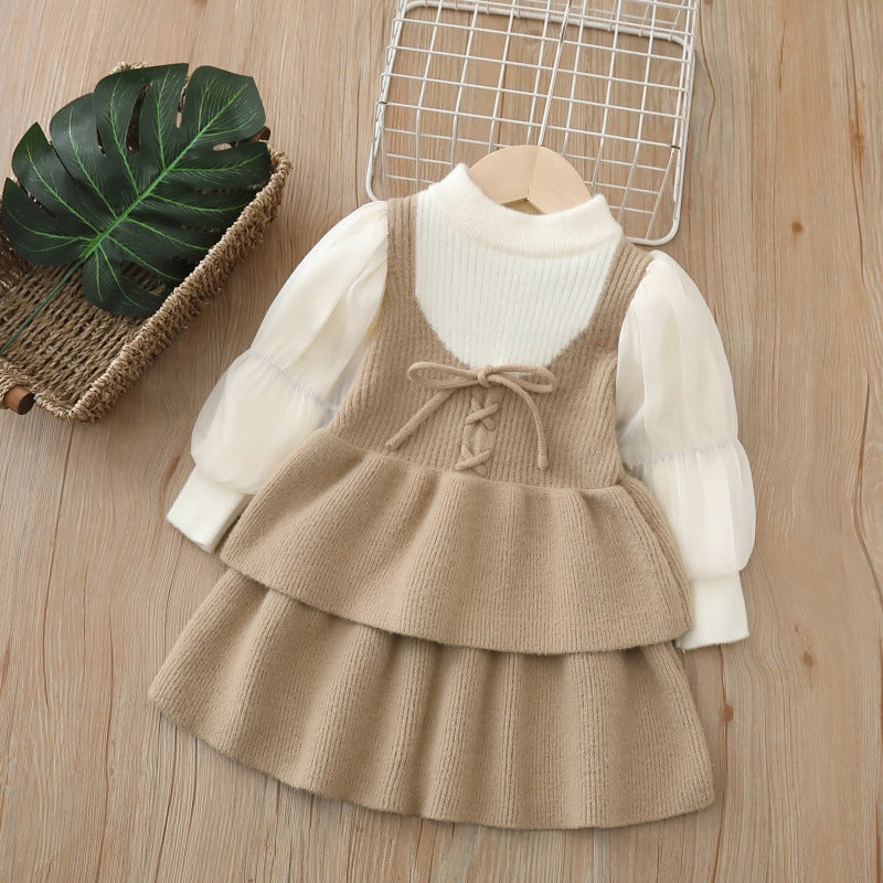Kidssweaterdress tweed styleknitting long skirtfall and winternew arrivalgirlsweater skirtsuit