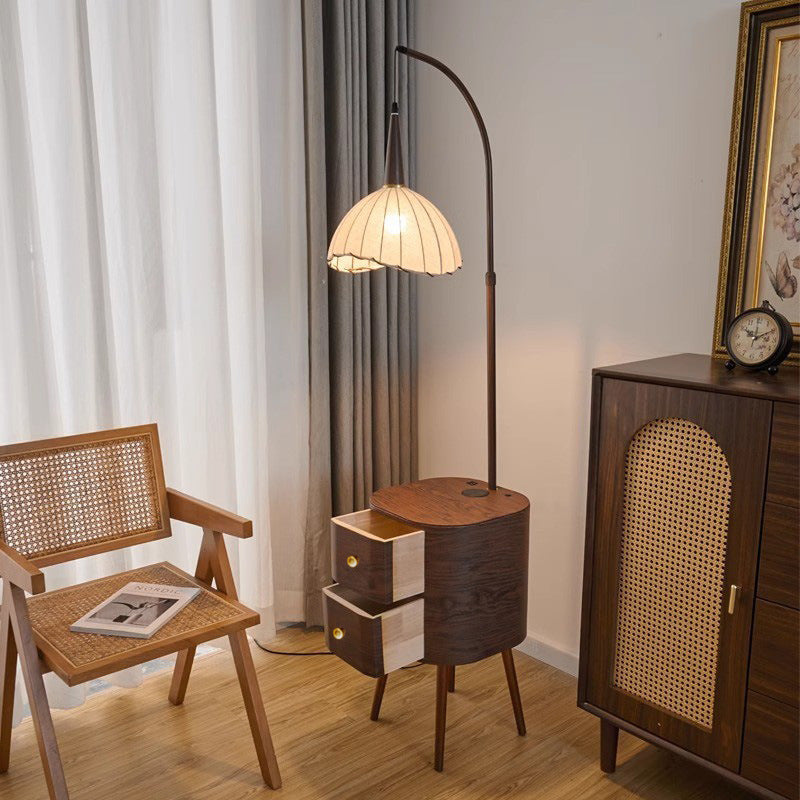 Vintage floor lamp - high-end bedroom solid wood drawer storage rack - mid-century style wireless charging bedside table lamp
