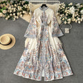 Frenchretroclassy dress women's niche styleelegantloose waist bell sleeves waist large hem printing long skirt