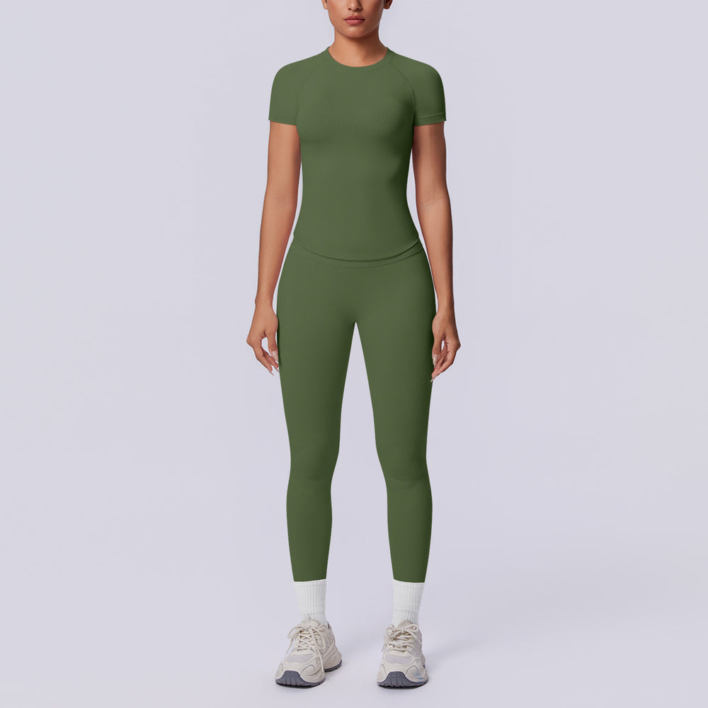 Seamless cross-border yoga set: shaping short-sleeve top & high-waisted butt-lifting leggings - perfect for running and fitness