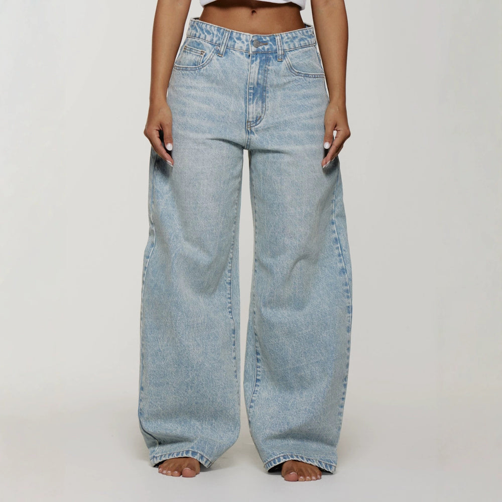 European and american style women's snow wash high-waisted wide leg jeans - relaxed fit straight leg denim pants