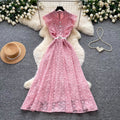 Korean style lace hollow-out sleeveless a-line dress - women's summer high-waisted slimming commute elegant long dress
