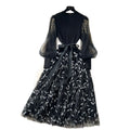 French chic embroidered mesh lantern sleeve knit patchwork waist-tie flared fairy dress
