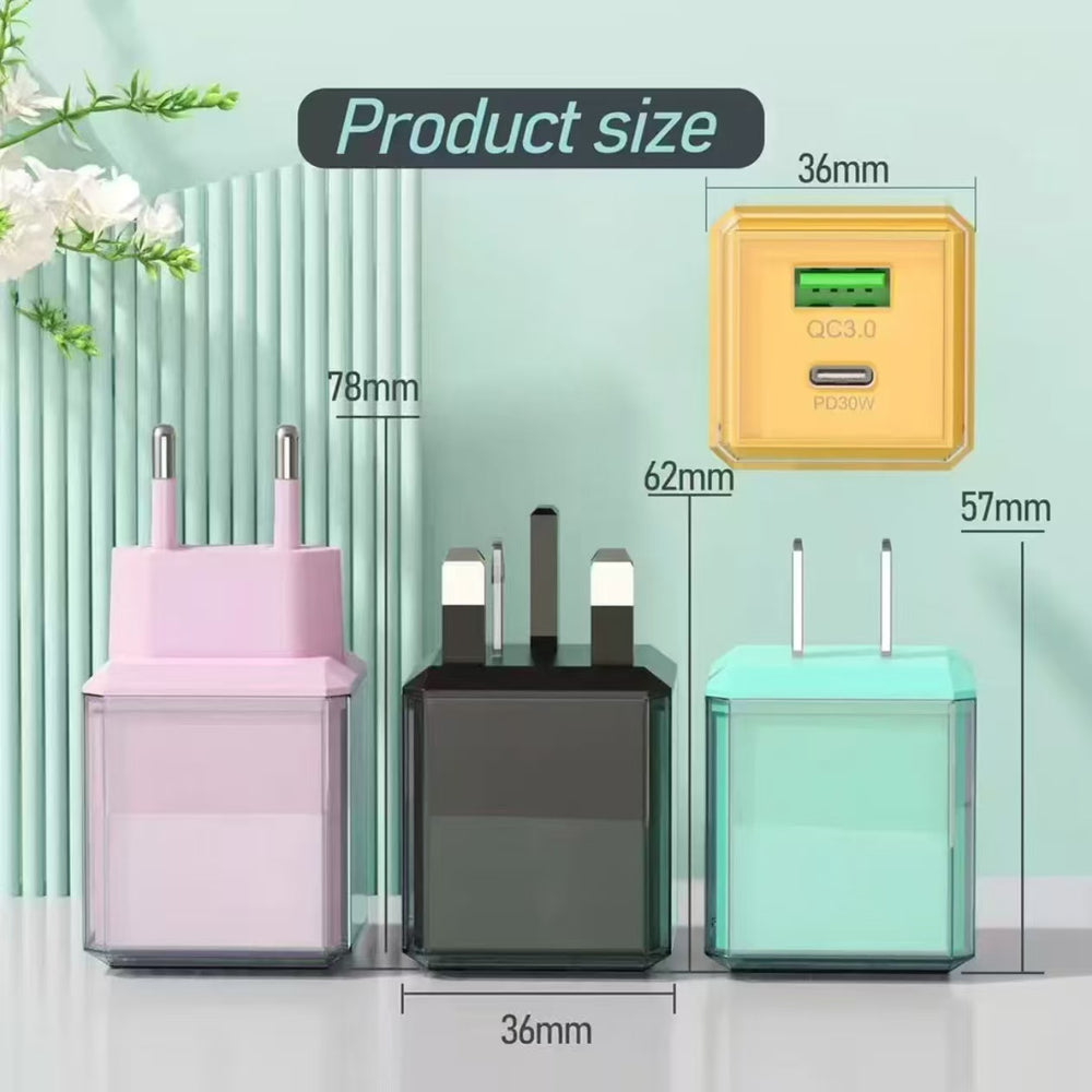 Pd 45w fast charging adapter transparent case - "little ice cube" dual port a+c charger, compatible with apple and huawei phones