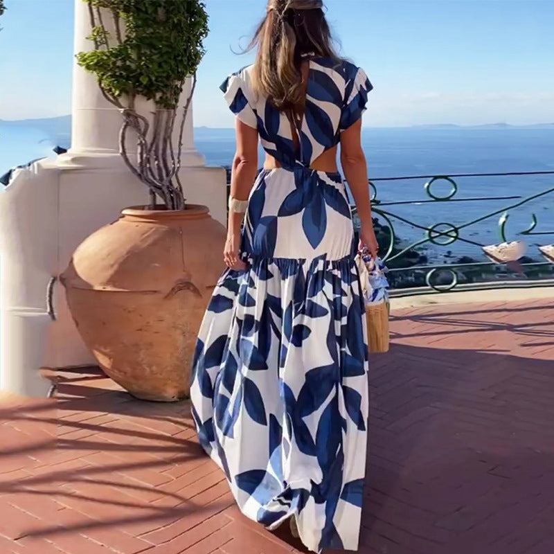summer new women's clothing  cross-border fashion printed sexy v-neck ruffle sleeve cutout dress