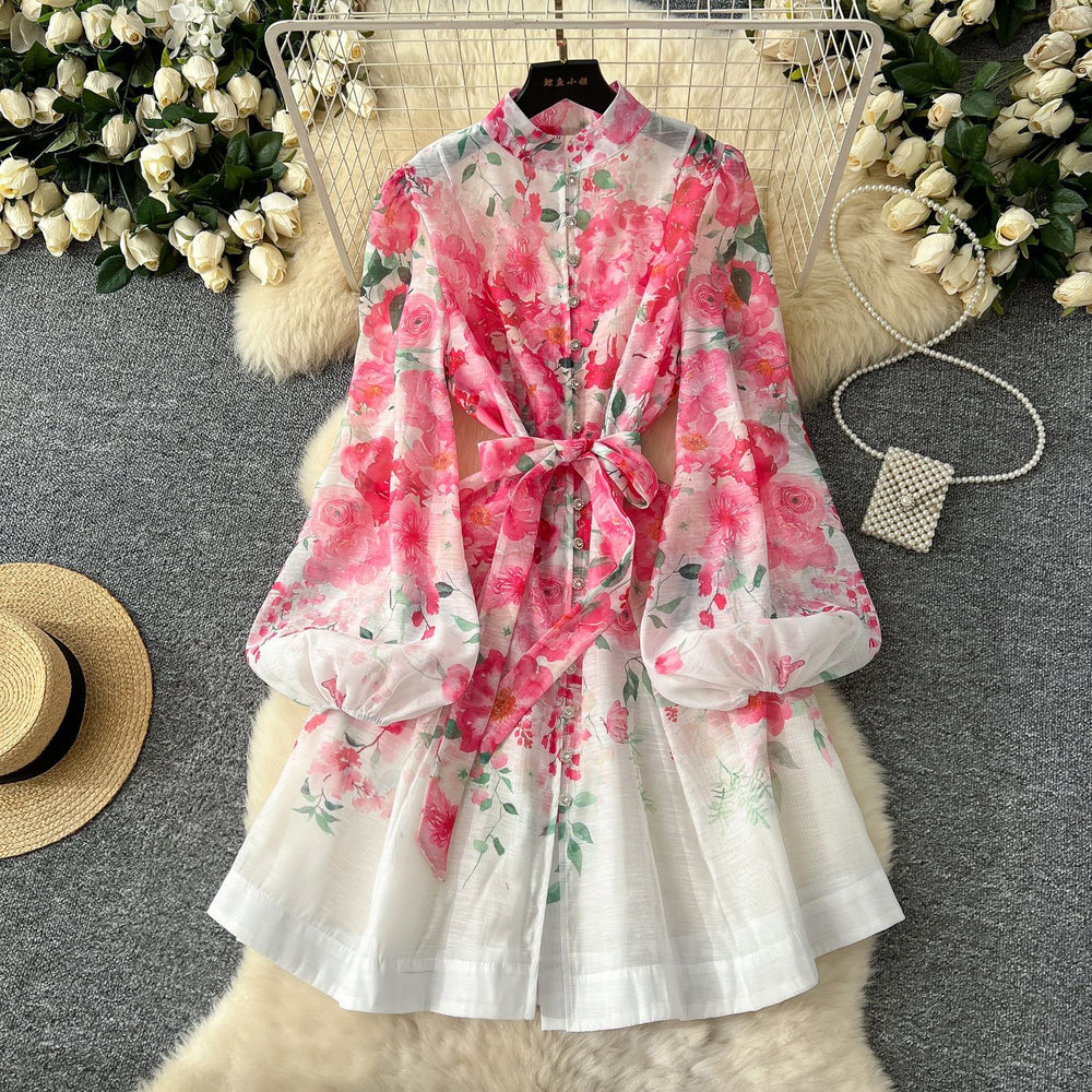 spring new arrival: elegant socialite stand collar single-breasted lantern sleeve printed tie-waist european and american style dress