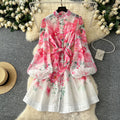 spring new arrival: elegant socialite stand collar single-breasted lantern sleeve printed tie-waist european and american style dress