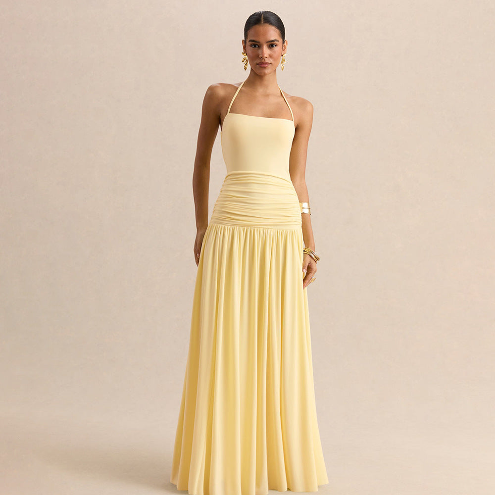 Amazon cross-border fashion style women's eleganthaltertie backbackless suspender waist slimming look pleated dress for women