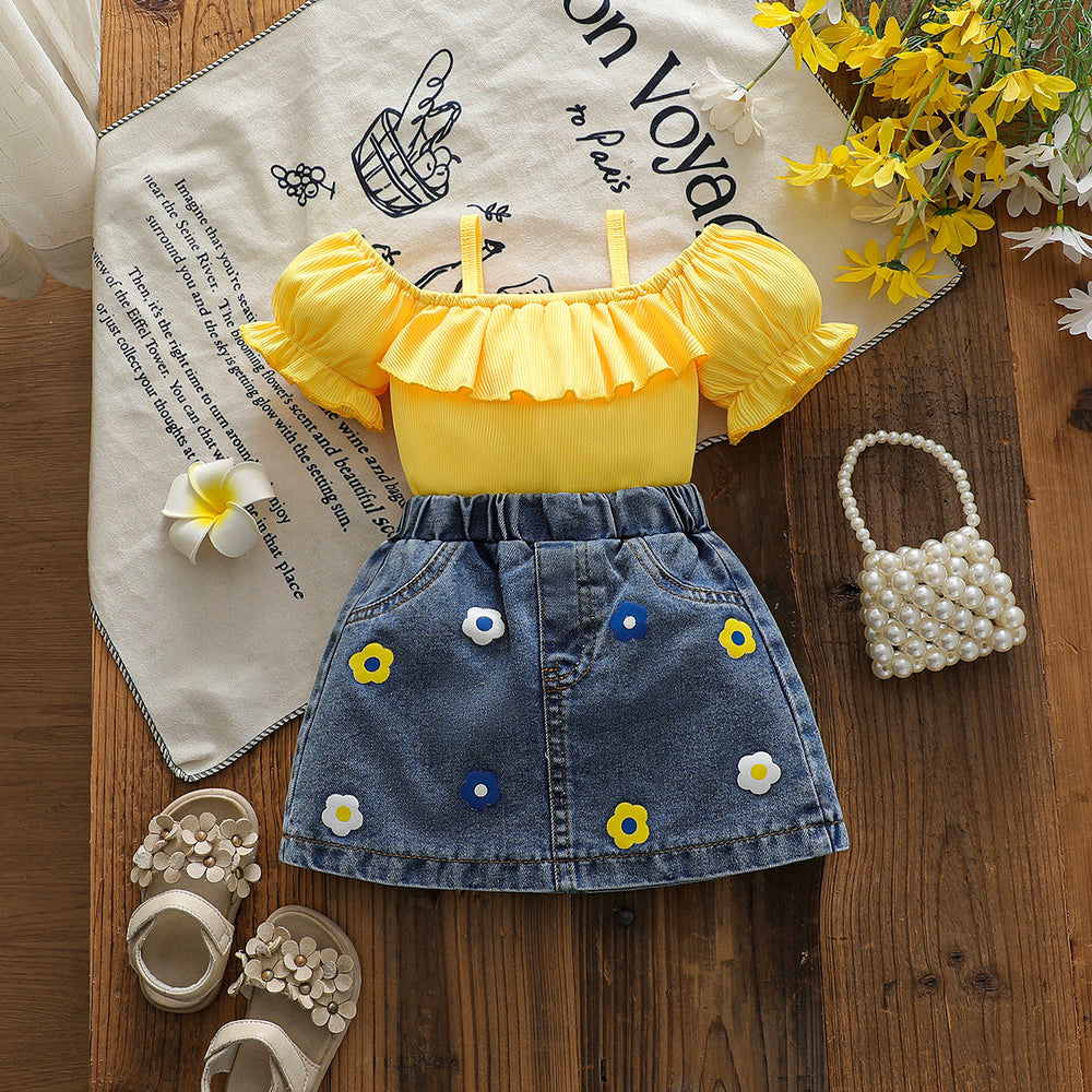 cross-border baby & toddler girl's country style off-the-shoulder ruffle cami top + embroidered denim mini skirt set