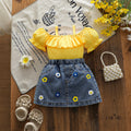 cross-border baby & toddler girl's country style off-the-shoulder ruffle cami top + embroidered denim mini skirt set