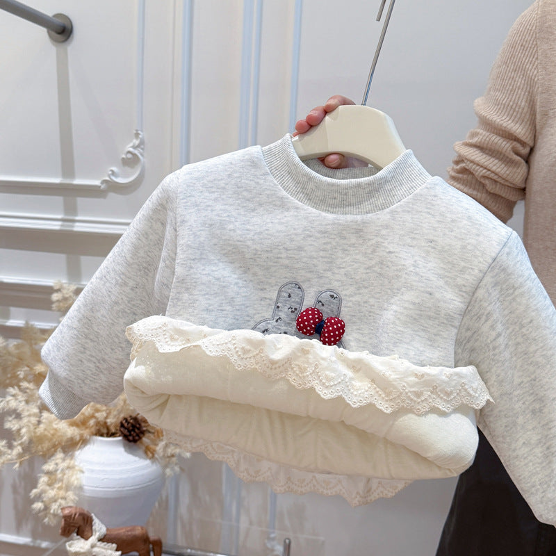 New autumn/winter girls' three-layer thickened sweatshirt - trendy base layer long sleeve top - kids' casual clothing