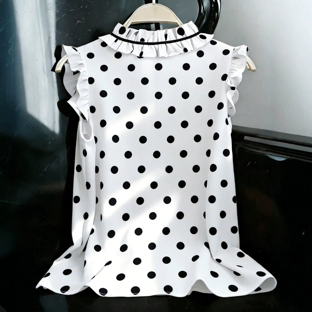 European and american style retro polka dot tank top - plus size, ruffle trim, v-neck design, loose fit, sleeveless top - flattering and concealing