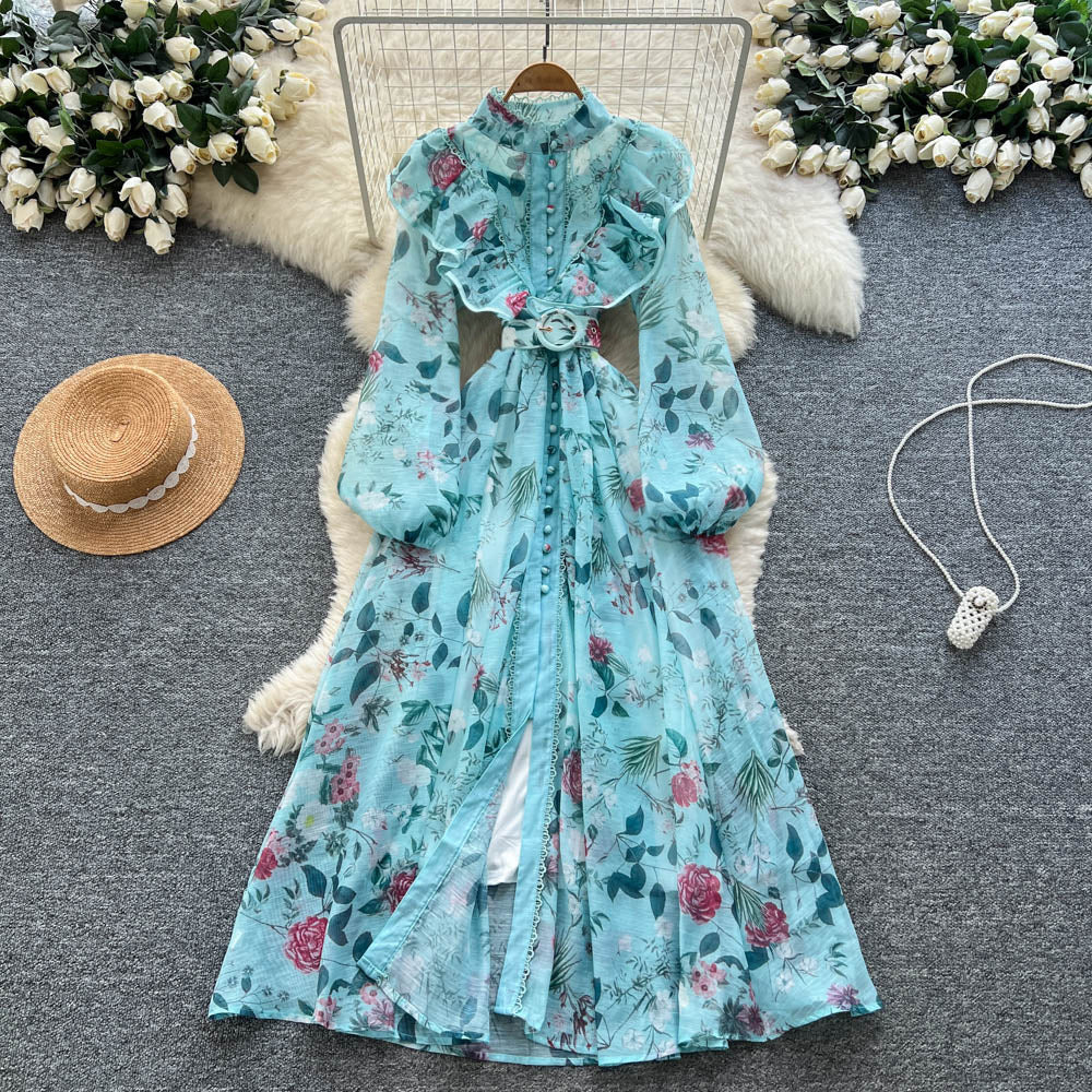 French chic elegant women's fall dress - high-end ruffle trim, tie-waist, printed maxi dress