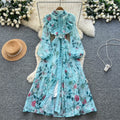 French chic elegant women's fall dress - high-end ruffle trim, tie-waist, printed maxi dress