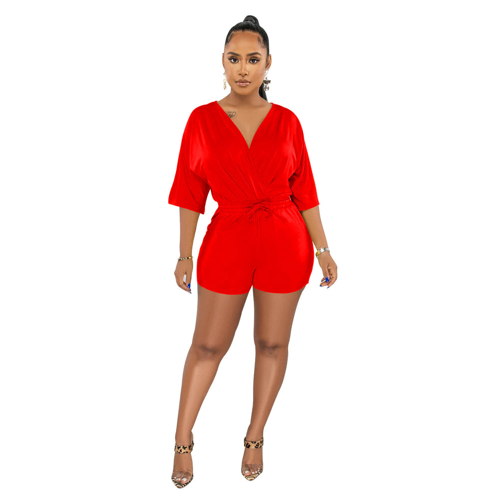 C6308 special offer: no returns or exchanges. please purchase with care. cross-border fashion women's tie-up v-neck mid-sleeve shorts jumpsuit