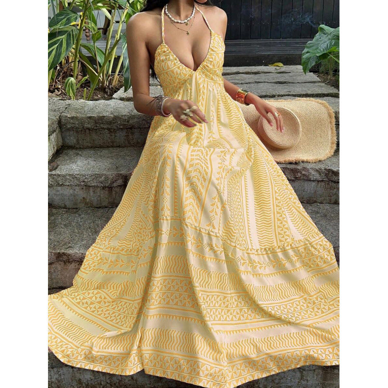 Amazon  summer new arrival: printed beach vacation style v-neck halter backless tie-up dress for women