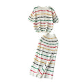 Korean chic retro striped color block set - women's loose fit crew neck short sleeve knit top & high waist bodycon midi skirt