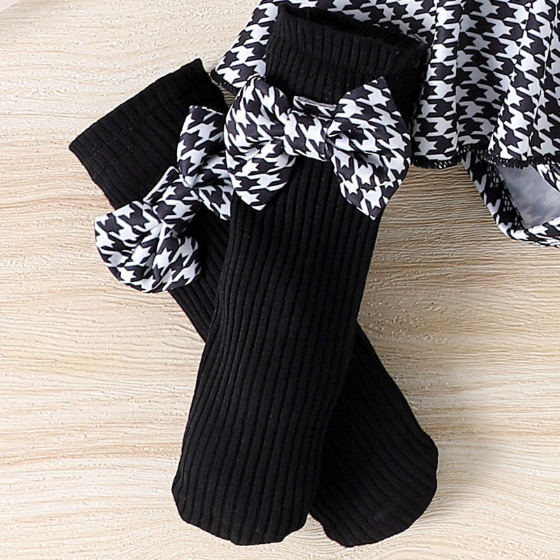 Children's clothing  cross-border european and american girls black tops houndstooth skirt suit new