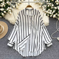 Long-sleeved striped shirt - women's autumn new arrivals, european & american style, casual, versatile, loose fit, slimming, mid-length, plus size, trendy blouse