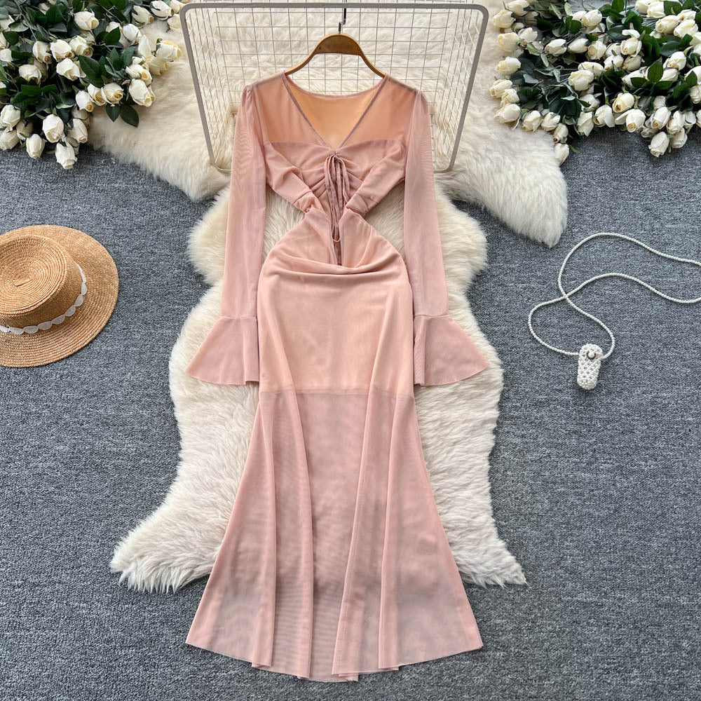 French chic, luxe & refined: v-neck, flared sleeve, mesh midi dress - figure-flattering, slimming, and effortlessly elegant
