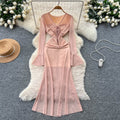 French chic, luxe & refined: v-neck, flared sleeve, mesh midi dress - figure-flattering, slimming, and effortlessly elegant