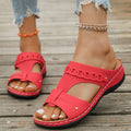 summer retro cross-border round toe slip-on sandals women's stitching wedge heel cut outplus size metal sandals