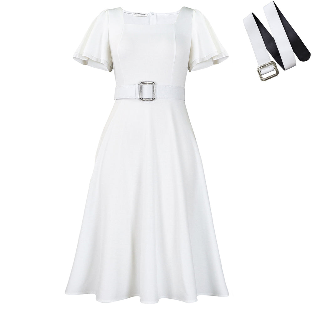 C8629  women's fashion  flared sleeve square neck high waist solid color elegant cross-border european and american dress