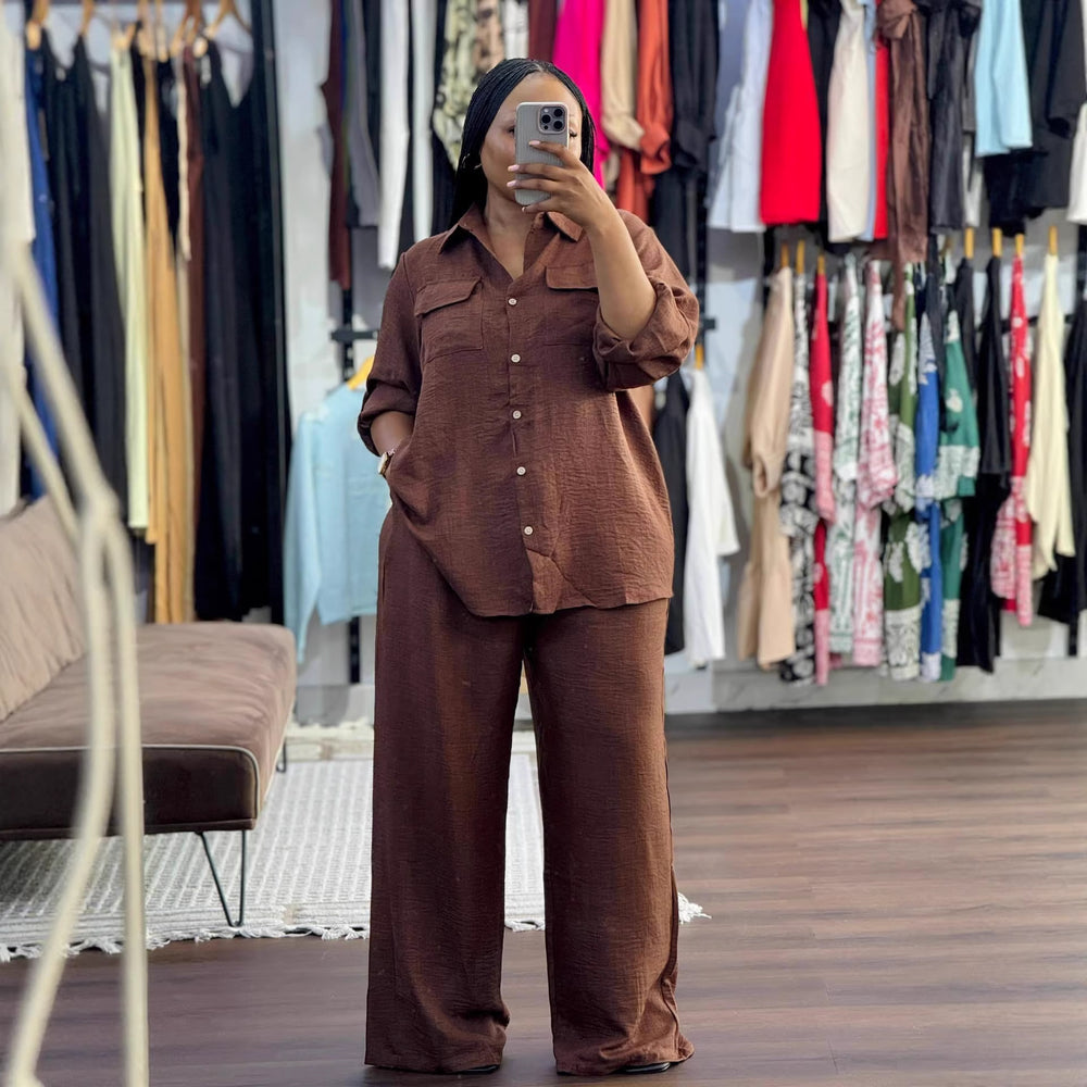 European and american cross-border women's clothing  spring/summer new collection: african-style plus size loose solid color long sleeve shirt and wide leg pants set