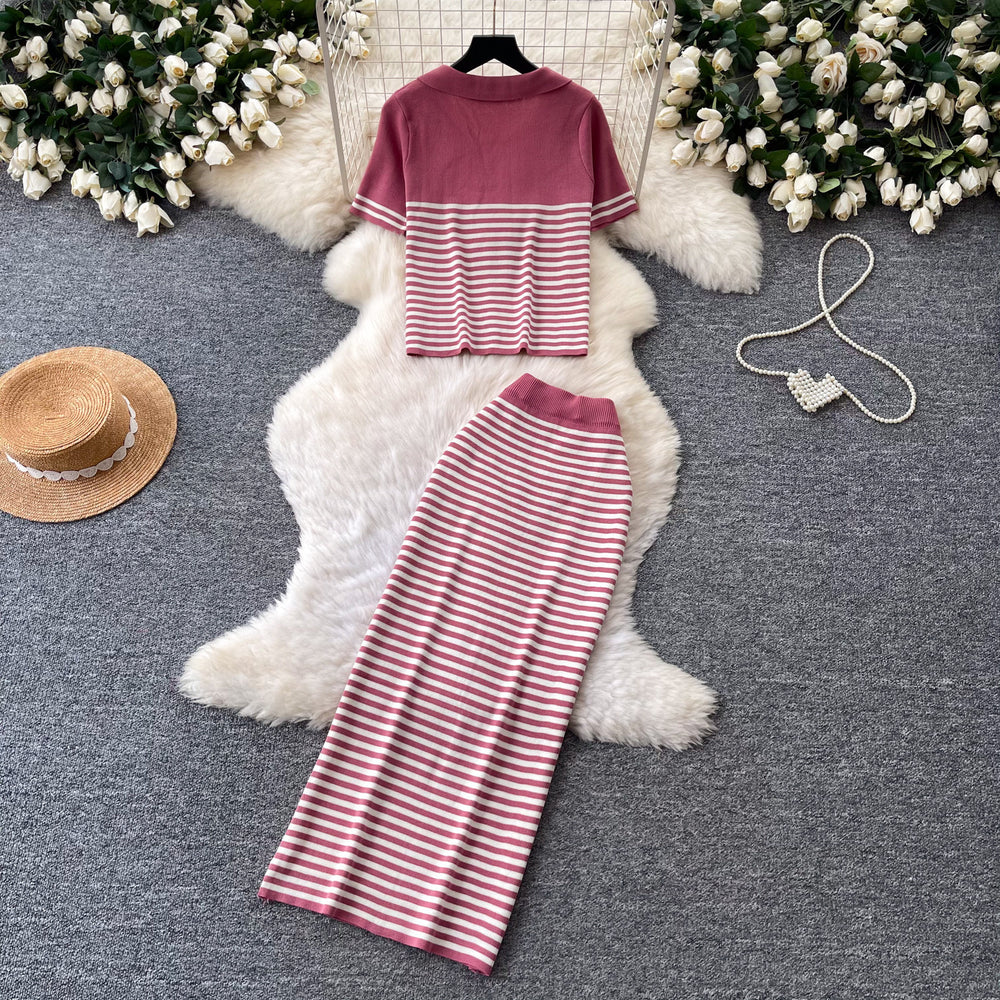Frenchstripesknitting shirt high waist skirt two-piece set women's summer lazy work clothing styleelegantfashionsuit