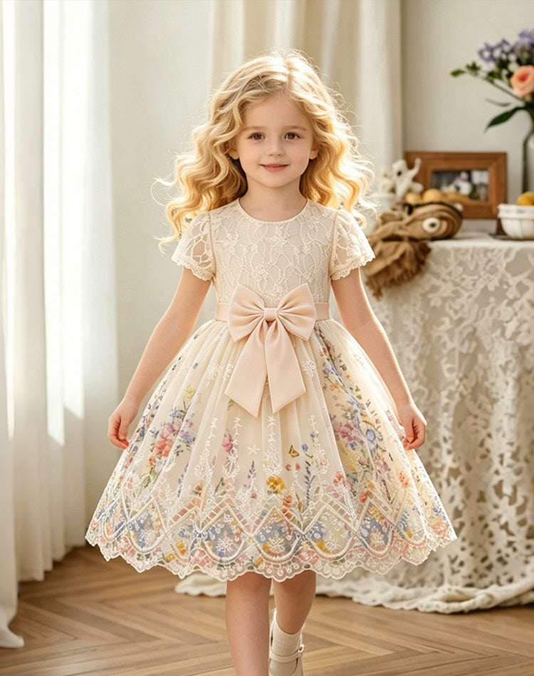 Girls' dress - vacation style, in stock,  new arrival: chic, sweet, french-inspired floral print lace patchwork princess dress
