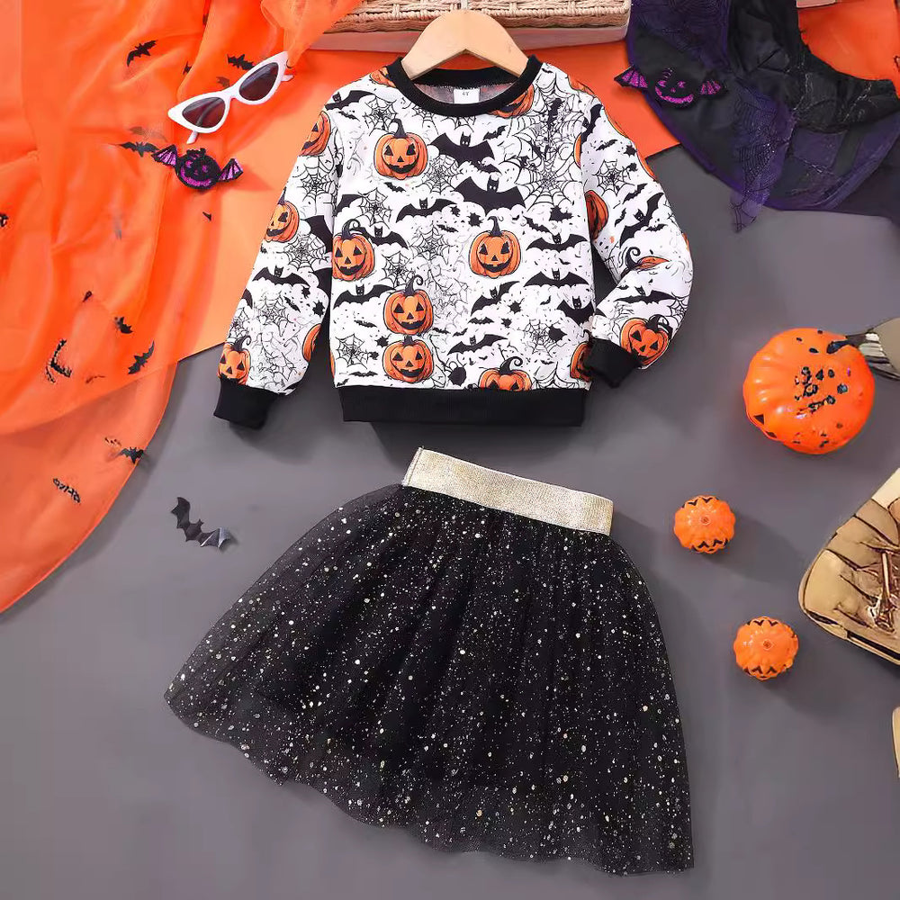 Children's long sleeves round neck sweatshirt + mesh skirt suit