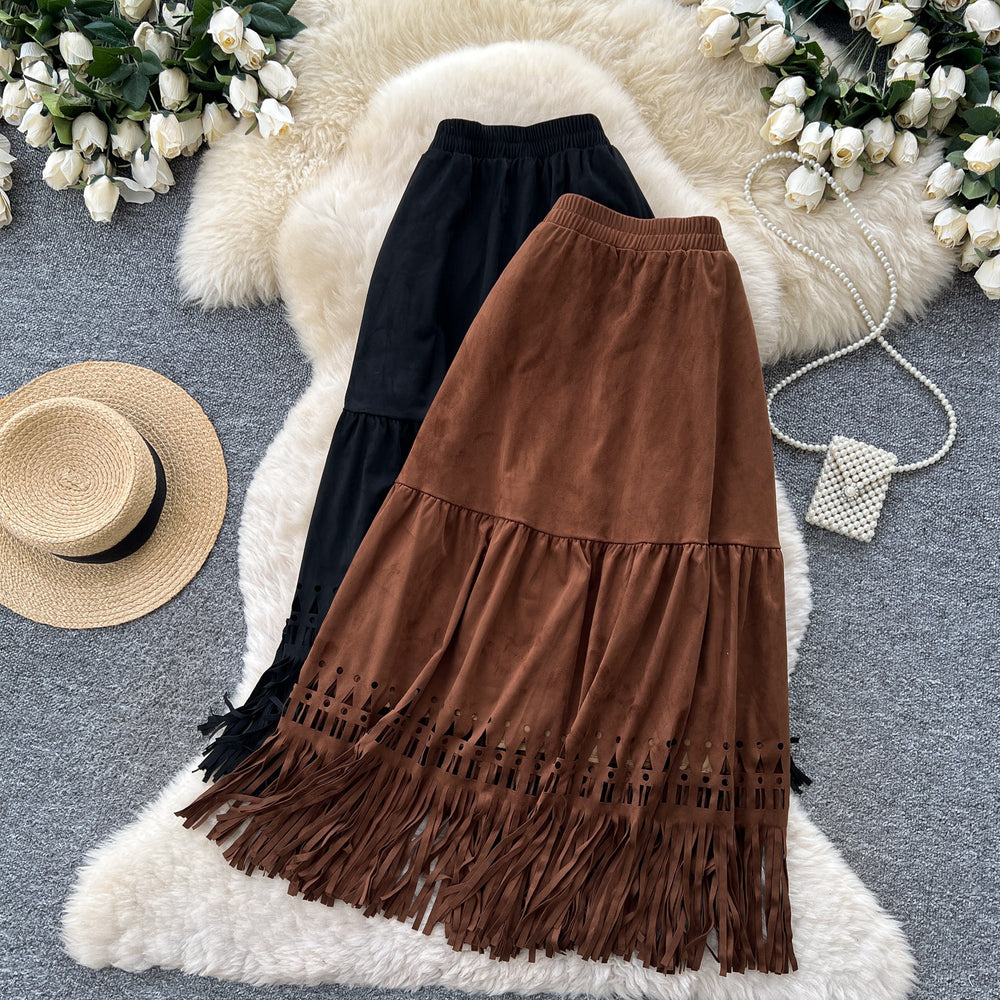 Korean style high-waisted a-line midi skirt with tassel detail - versatile work skirt for autumn