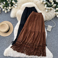 Korean style high-waisted a-line midi skirt with tassel detail - versatile work skirt for autumn