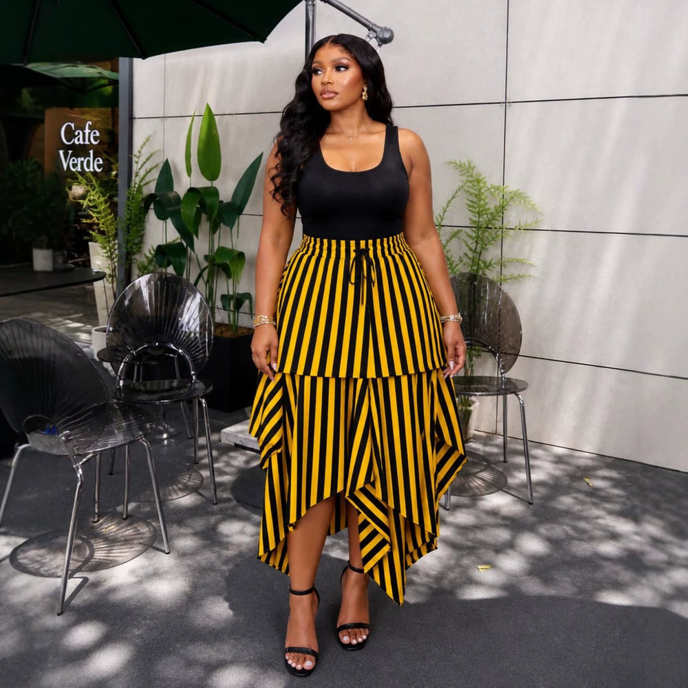 European and american cross-border women's fashion:  summer new arrivals - high-waisted, printed, tie-waist, slim-fit, asymmetrical maxi skirt