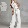 summer new women's clothing: cross-border  fashion - elegant solid color halter neck open back wide leg jumpsuit