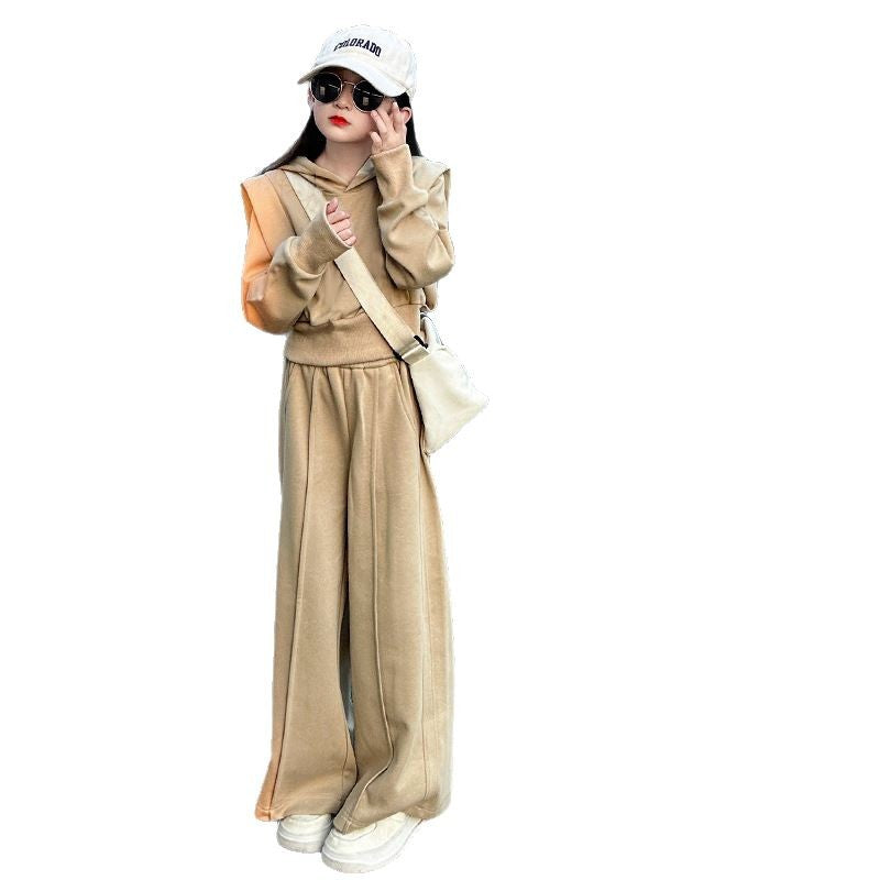 Girls' outfit set:  spring/autumn new arrival - casual hooded jacket & loose straight-leg pants, trendy two-piece set for mid-to-large children