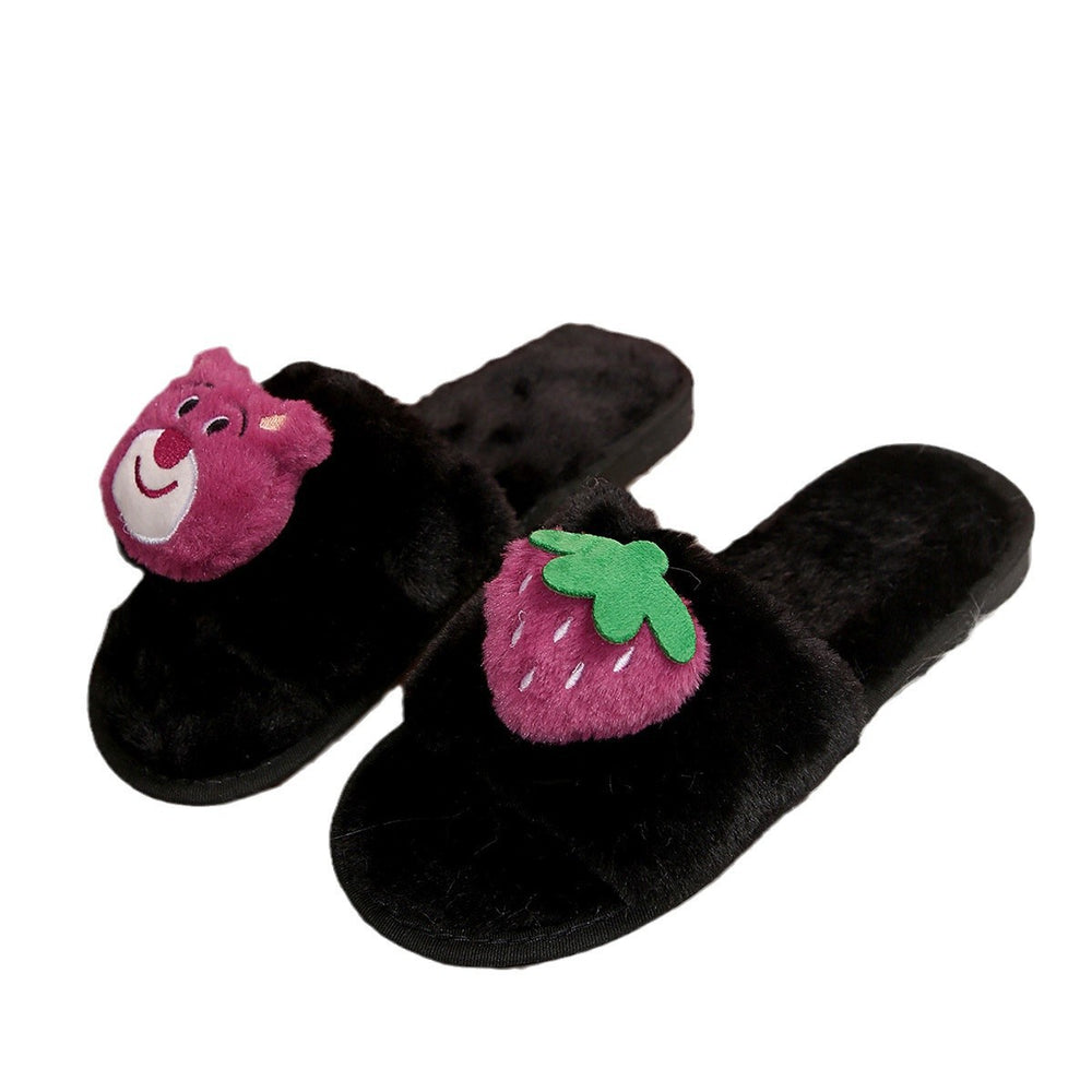 Women's fuzzy slippers - new autumn/winter collection - strawberry bear design, flat, warm, and cute cartoon cotton slides for indoor and outdoor wear