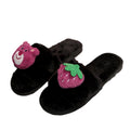 Women's fuzzy slippers - new autumn/winter collection - strawberry bear design, flat, warm, and cute cartoon cotton slides for indoor and outdoor wear
