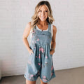 european and american cross-border  overalls fashion denim floral print casual sleeveless overalls jumpsuit for women