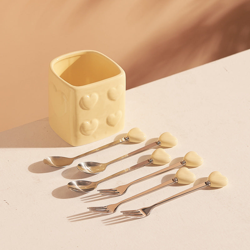 Heart-shaped ceramic fruit fork set - exquisite afternoon tea, hotel & restaurant decor, high-value fruit picks with storage jar - wholesale