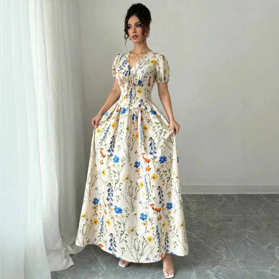 summer cross-border european and american style printed v-neck elegant dress