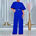 D3276  cross-border european and american women's summer fashion round neck solid color high waist plus size african wide leg jumpsuit