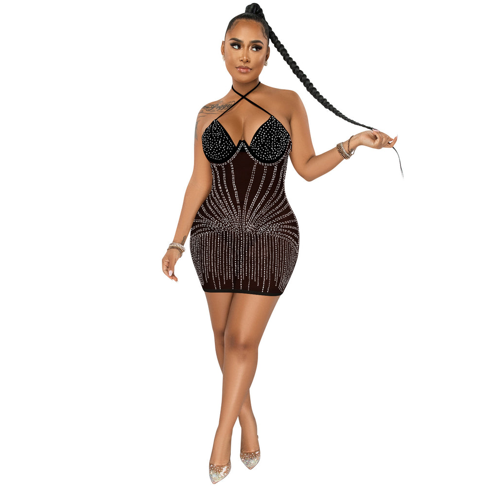 X5653    fashion sexy halter wrap chest rhinestone mesh see-through midi dress