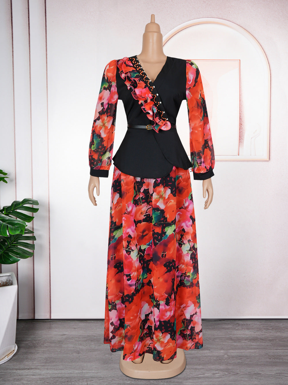 new african plus size women's chiffon printed two-piece v-neck dress set -  cross-border e-commerce